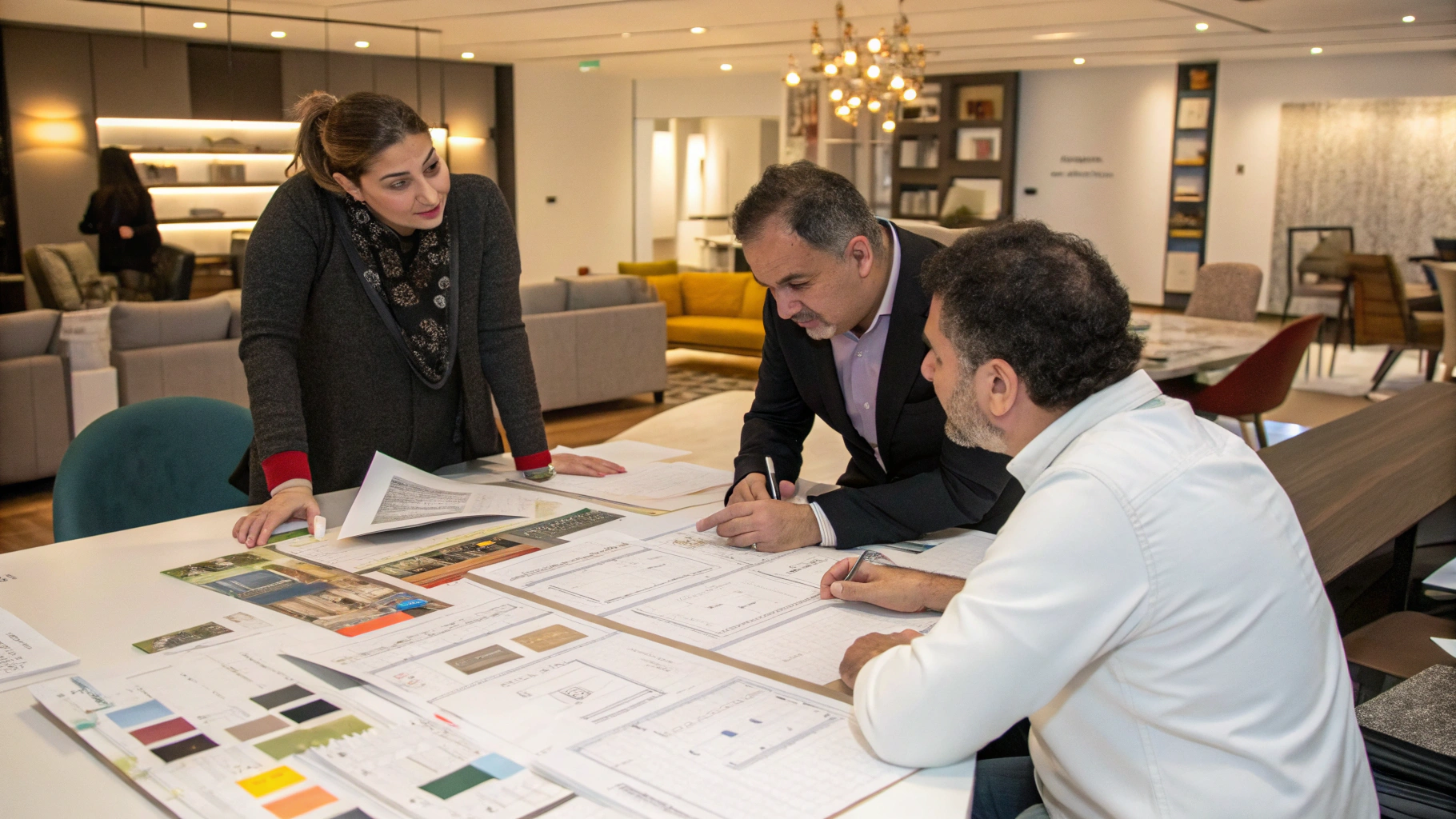 Architectural renovation studio table with residential blueprints, hardwood swatches, and stone material boards