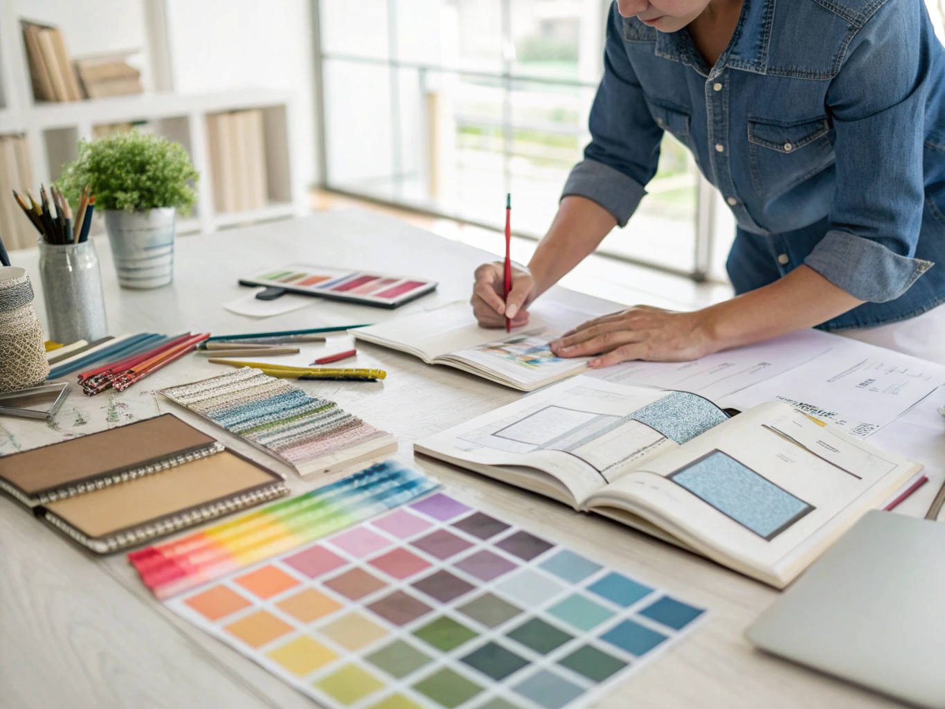 Architectural renovation blueprints, timber finishes, and stone tile material samples laid out on a table in a bright, sunlit residential room