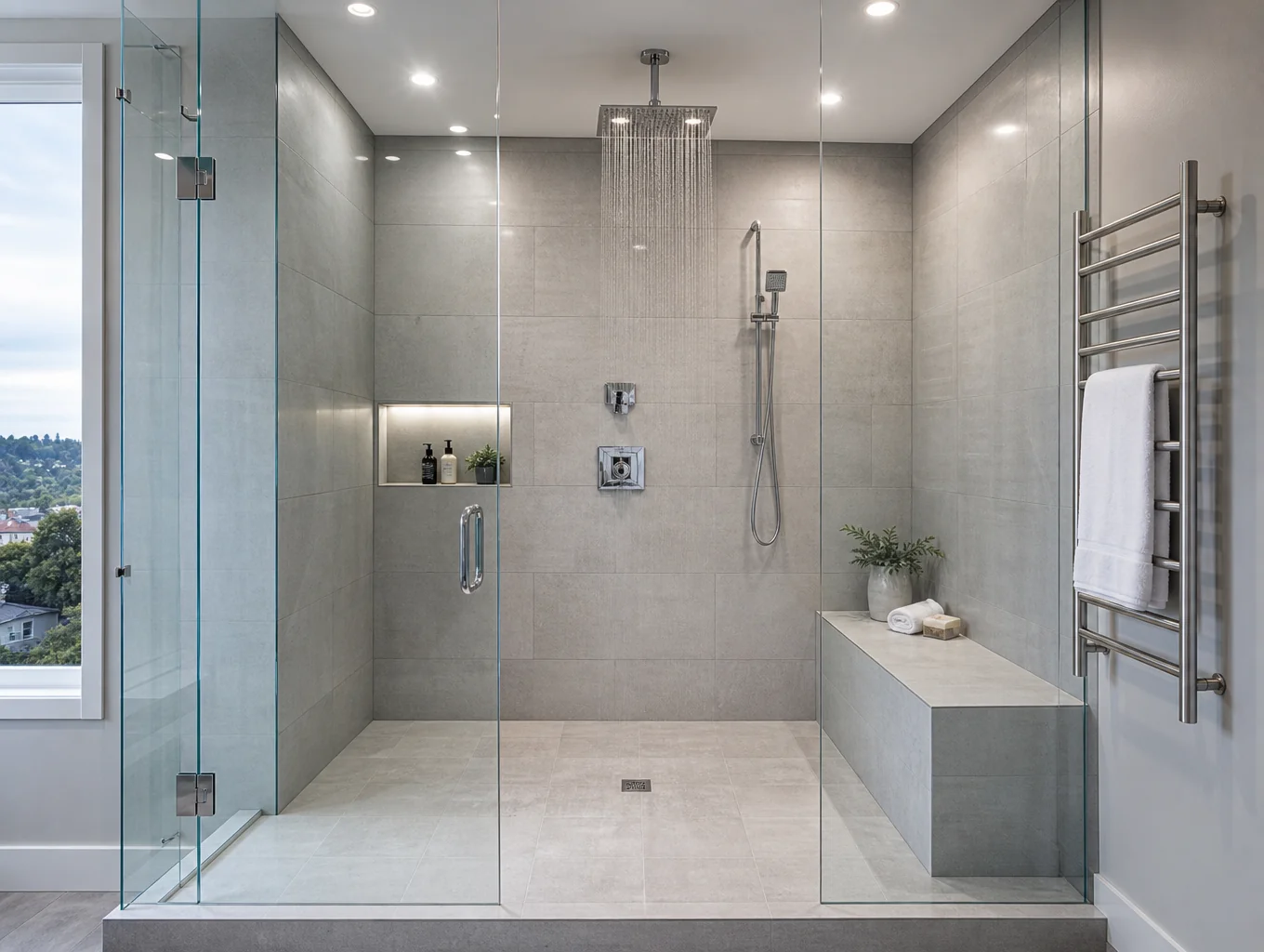 Frameless glass walk-in shower lined with handcrafted natural zellige tiles and brushed champagne bronze shower system