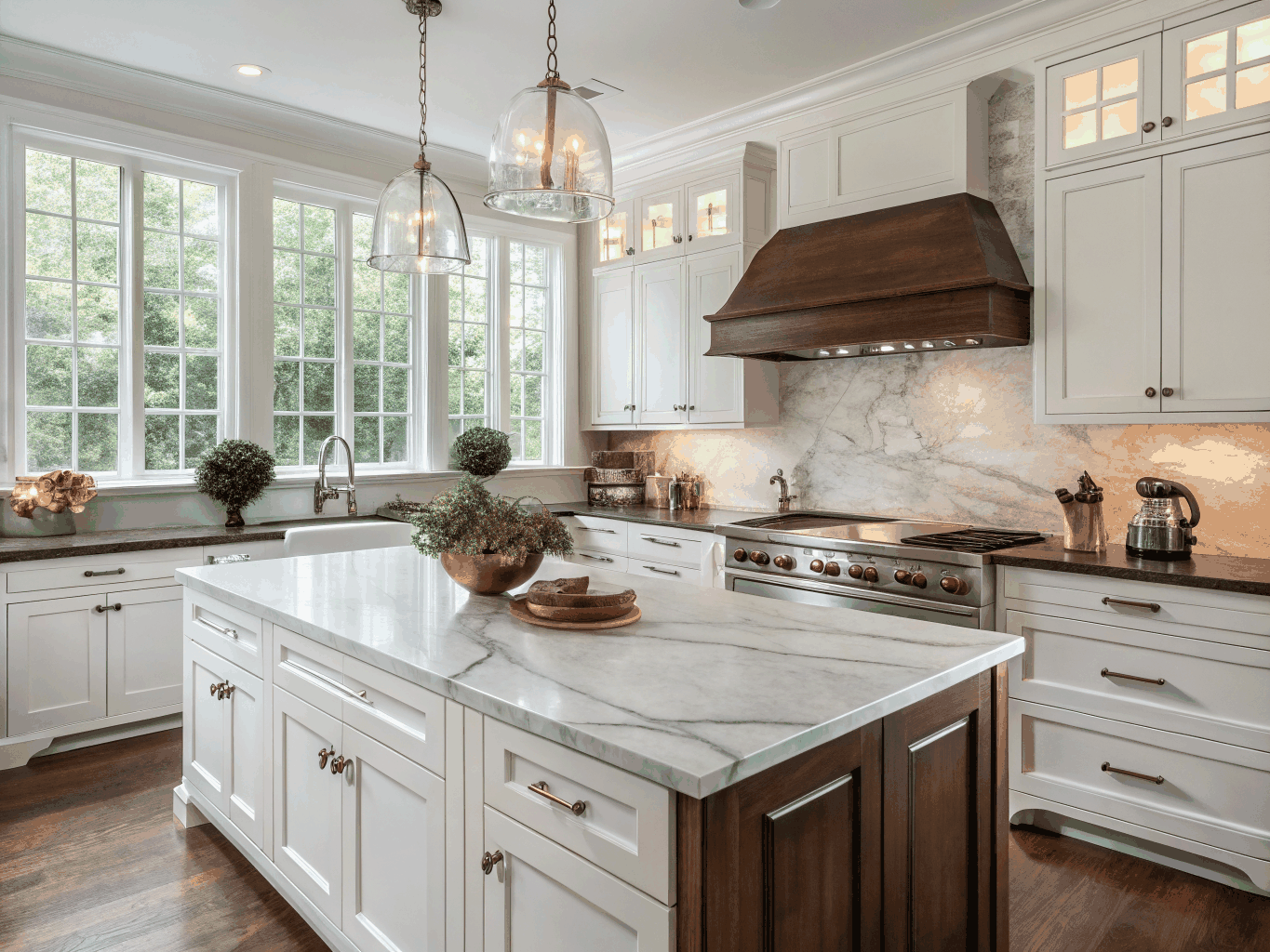 Craftsman kitchen in Bennett Woods with rich wood accents, sage shaker cabinets, polished quartz slab countertops, and pendant lighting