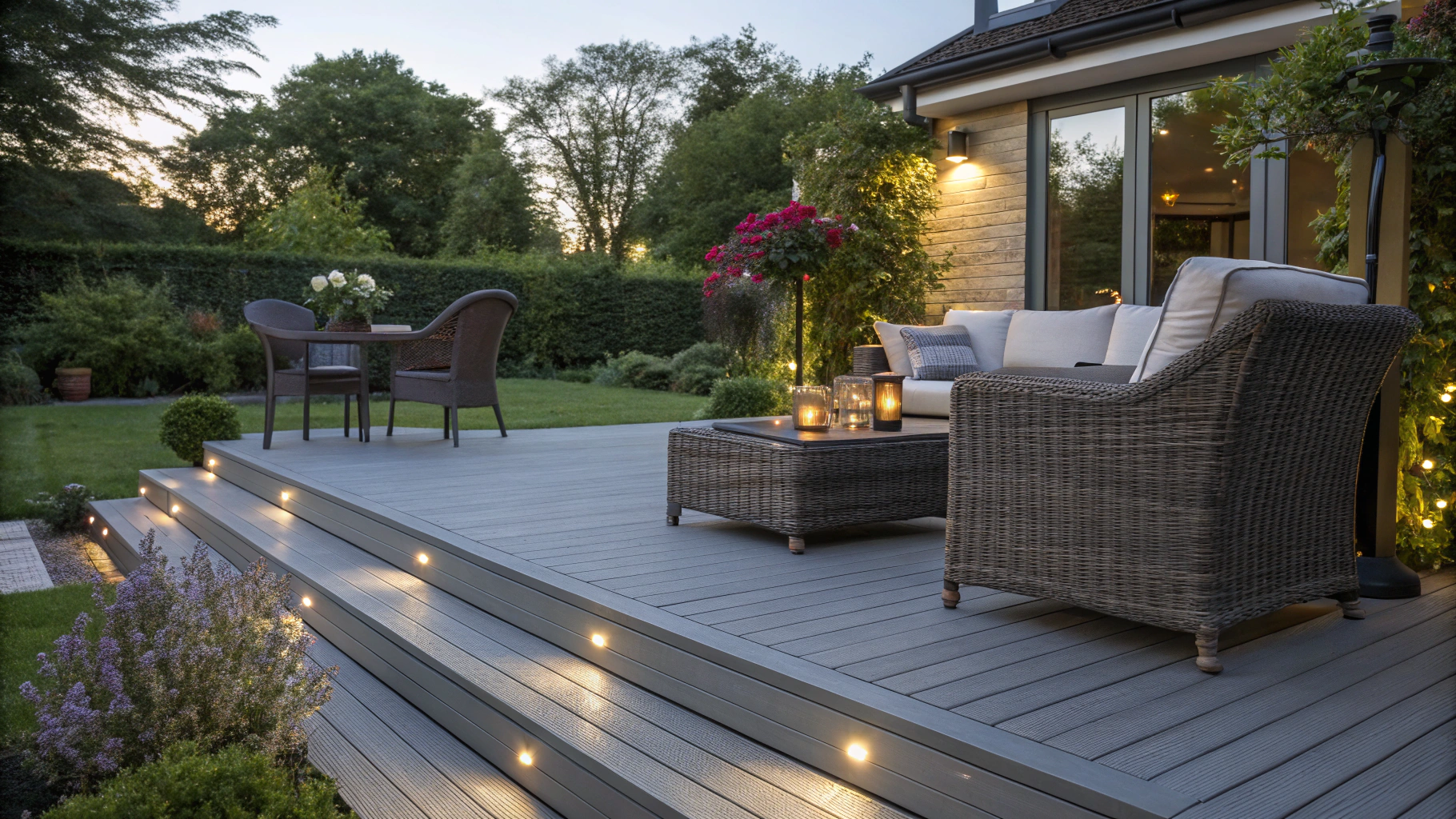 Custom covered patio with composite deck and outdoor living area in natural daylight