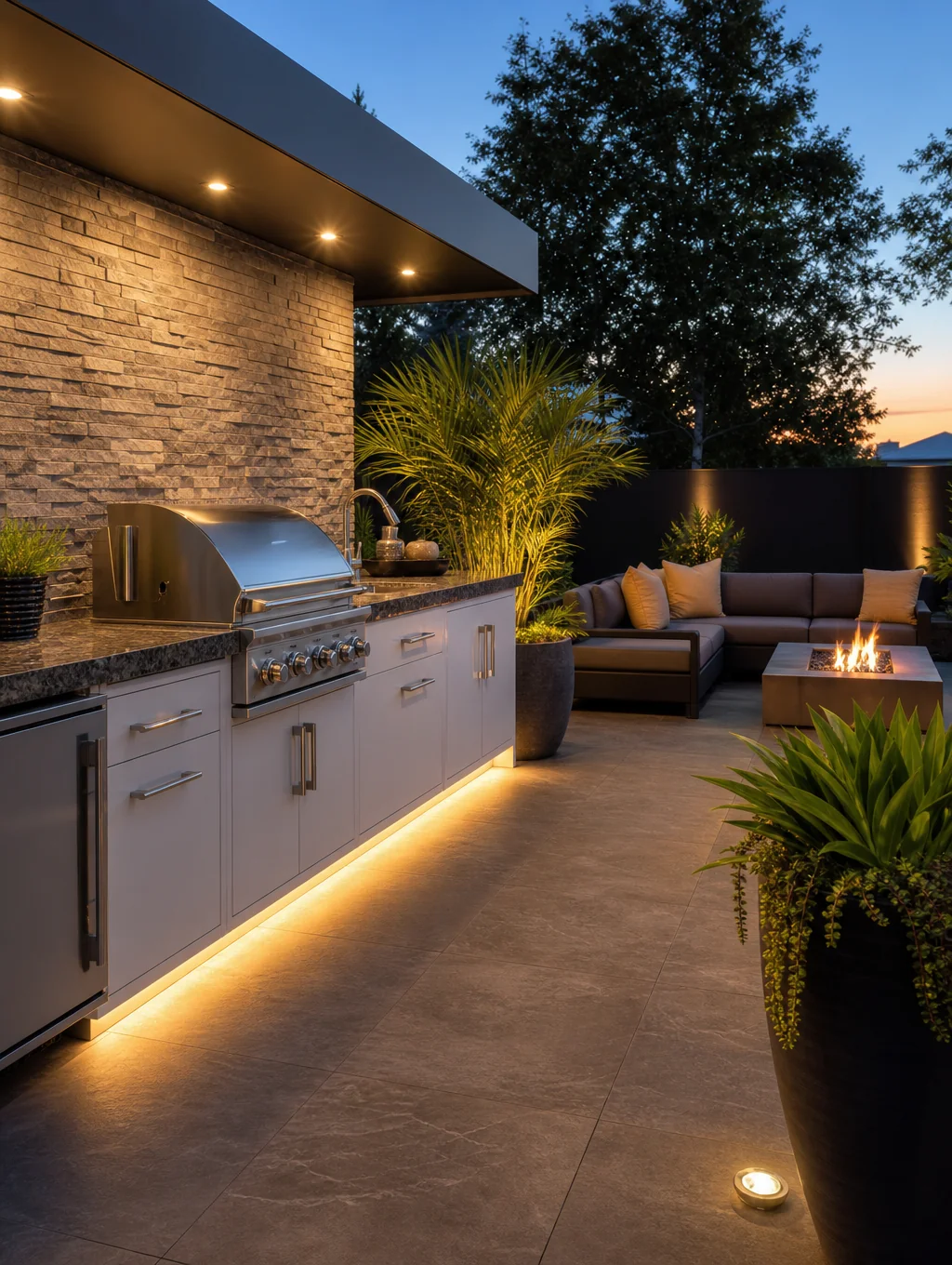 Custom covered patio featuring a built-in outdoor kitchen with stainless appliances, granite counters, and a stacked stone fireplace