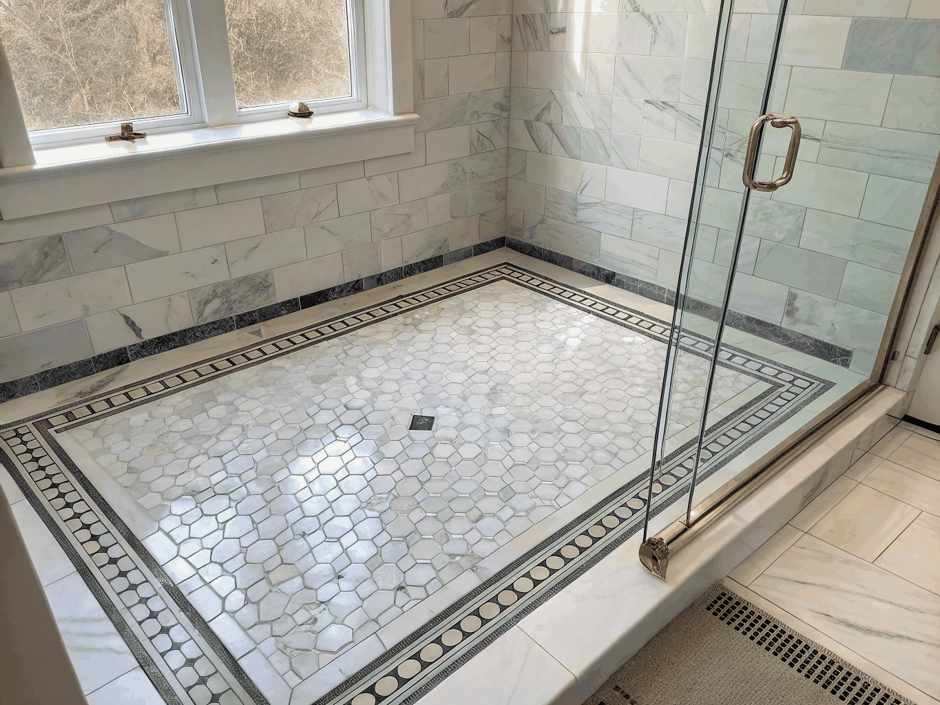 Curbless walk-in shower with white Carrara marble herringbone tile, built-in recessed niche, and brushed brass fixtures in a Smyrna home