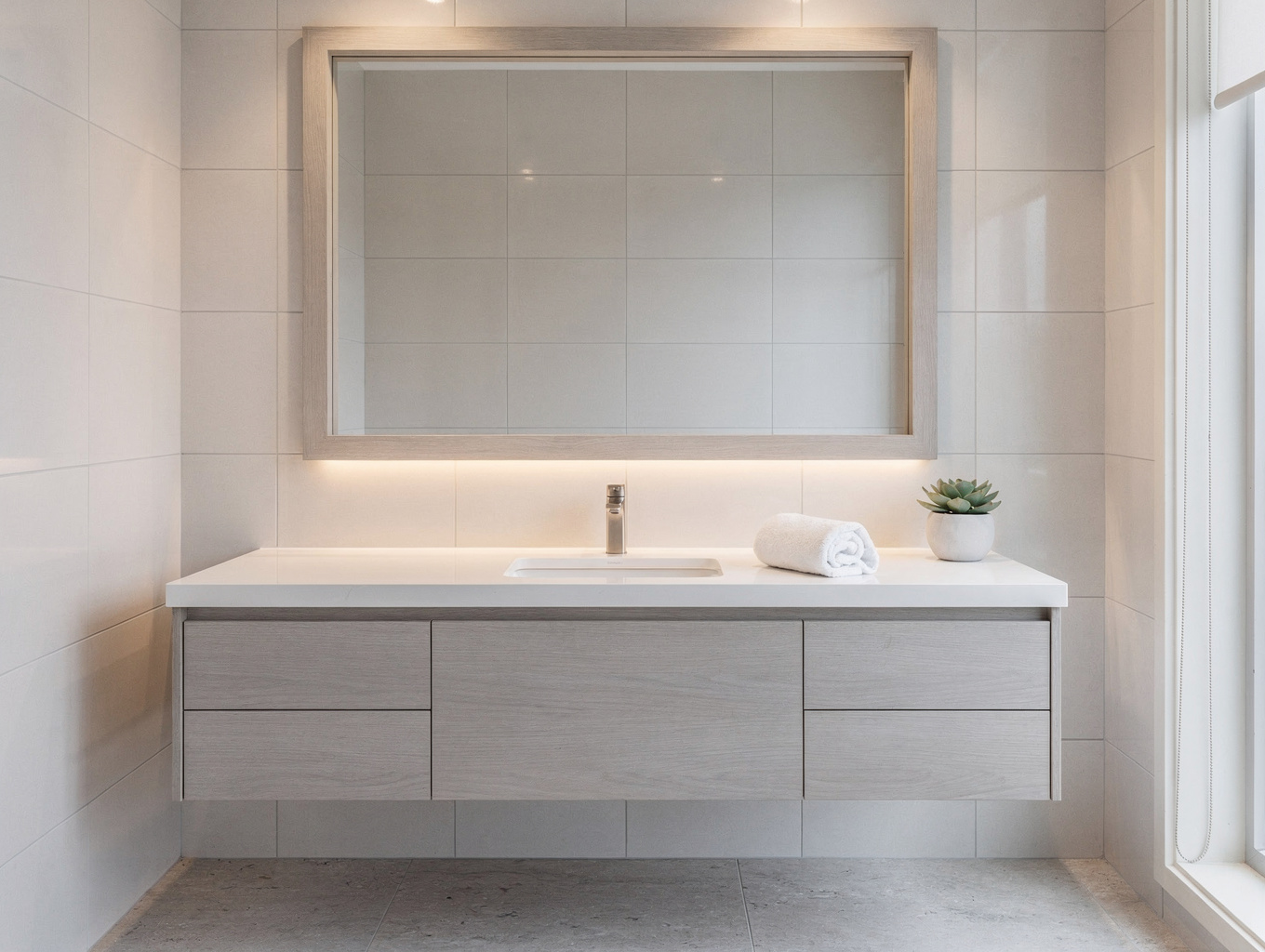 Custom walnut wood double vanity with white quartz countertop, dual undermount sinks, and brushed brass wall sconces
