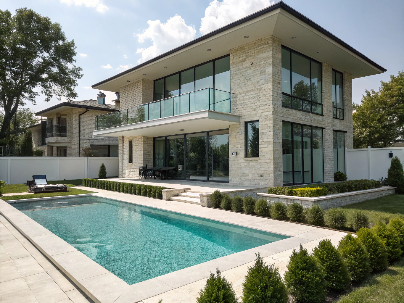 Detached poolside guest pavilion with wide bi-fold glass doors opening toward an outdoor patio and swimming pool