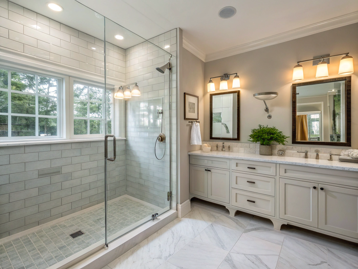 Expansive master bathroom featuring dual ceiling-mounted rainfall showerheads, seamless glass partition, and radiant heated stone tile