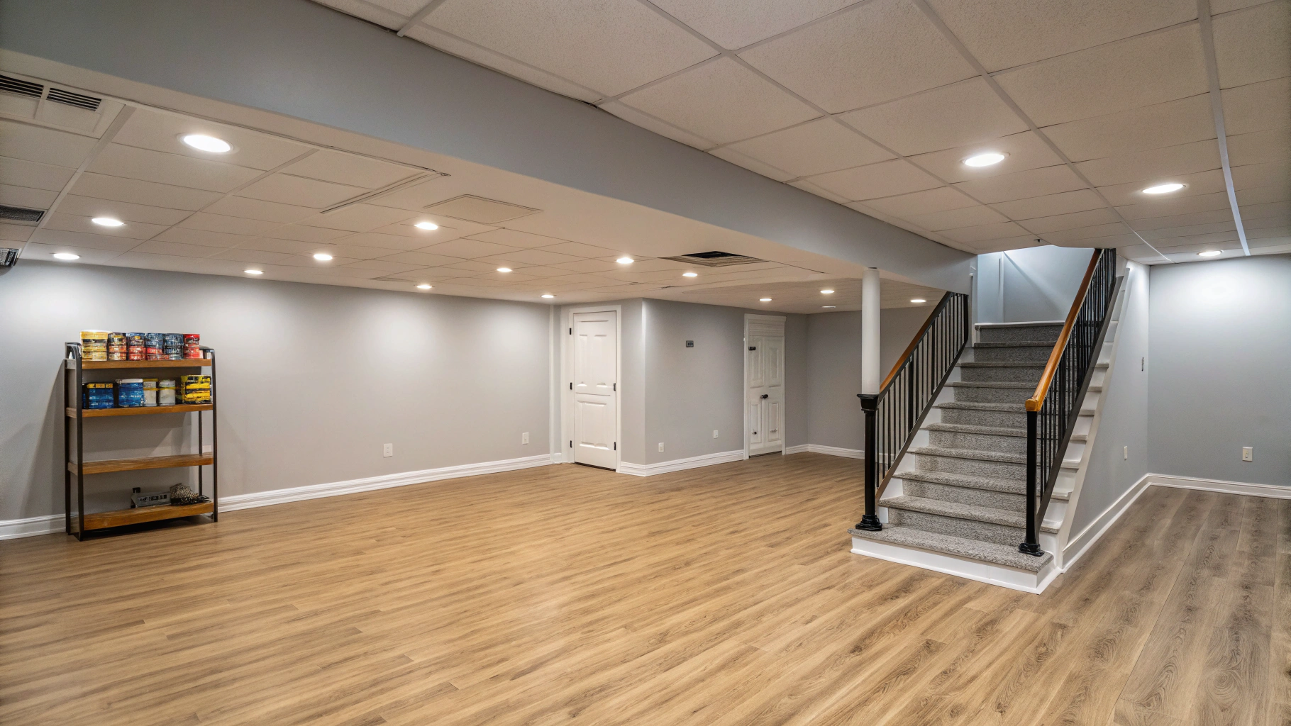 Custom finished daylight basement featuring built-in entertainment millwork and beverage bar area