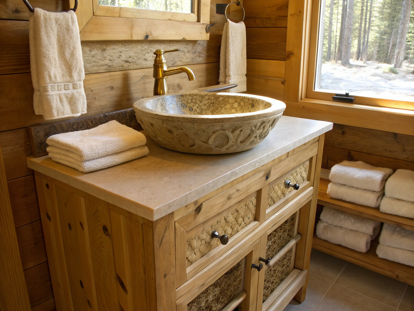 Custom fluted natural white oak bathroom vanity with matte fixtures, engineered stone top, and warm ambient backlighting