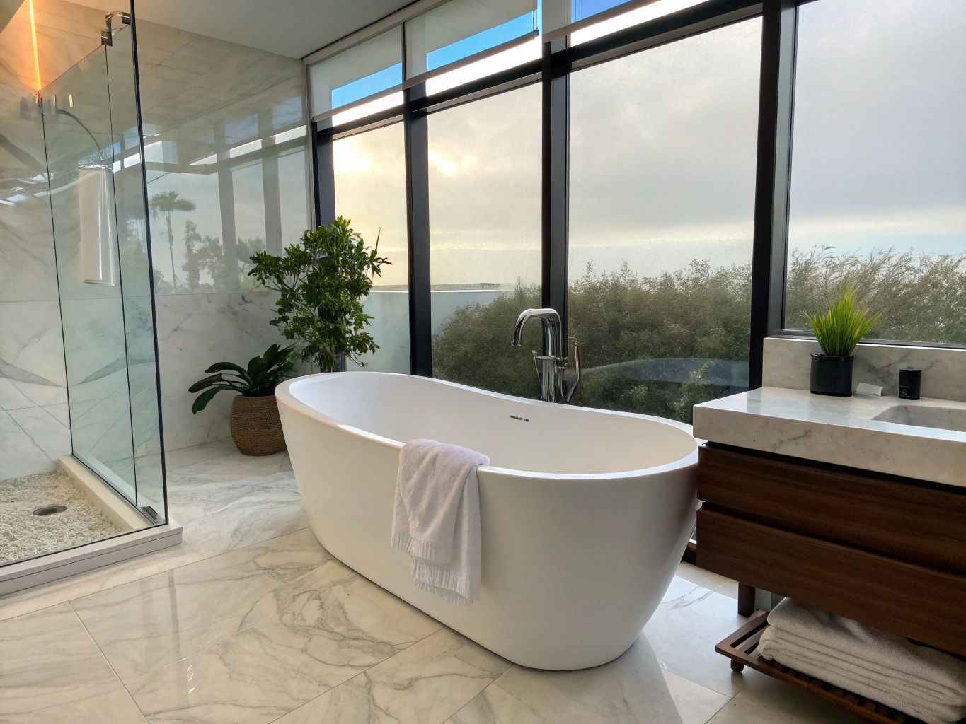 Contemporary freestanding acrylic soaking tub beside a bright window with floor-mounted brushed brass faucet and limestone flooring