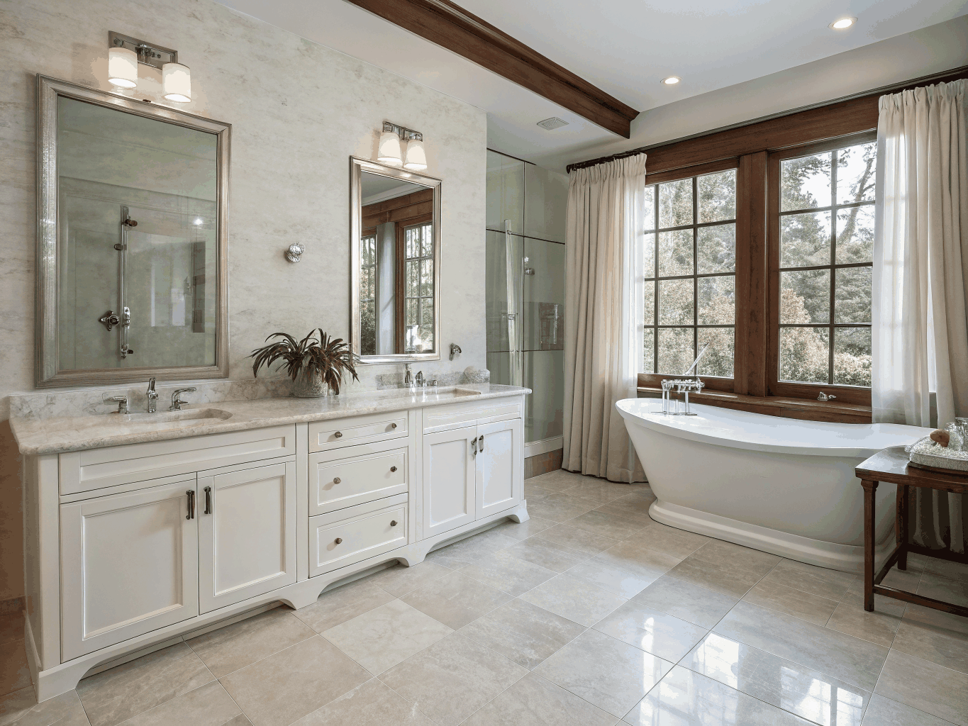 Renovated primary bathroom suite in King Springs with freestanding soaking tub, double vanity, brushed brass plumbing, and porcelain tile floors