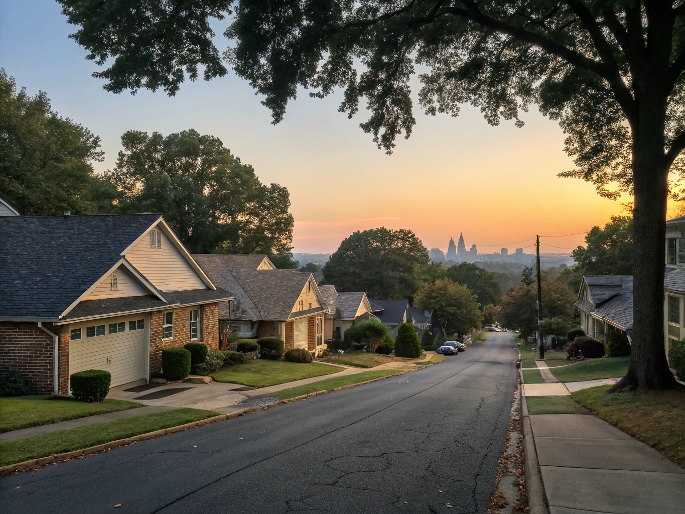 Sunlit Georgia suburban neighborhood streetscape with established brick ranch homes and contemporary townhomes