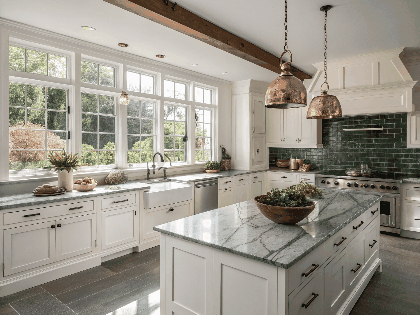 Historic Smyrna home kitchen remodel with warm white shaker perimeter cabinets, veined quartz surfaces, and natural morning light