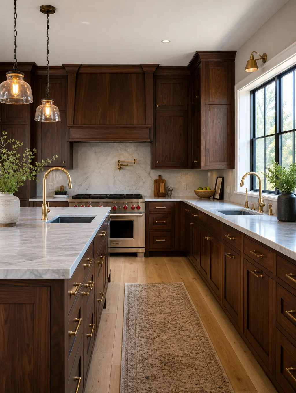 Custom cabinetry and hardwood millwork installation during a modern residential kitchen remodel in natural daylight