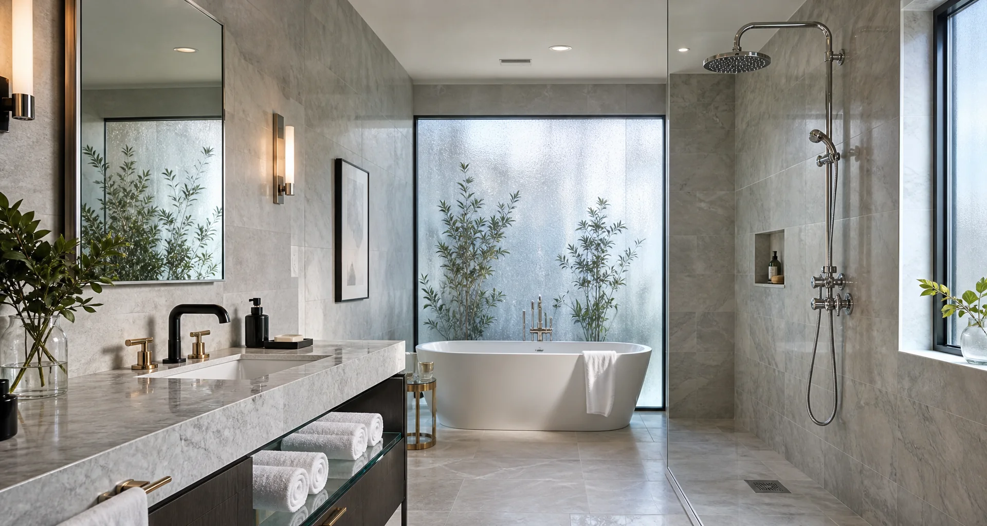 Spa-style primary bathroom remodel with frameless glass walk-in shower and freestanding soaking tub
