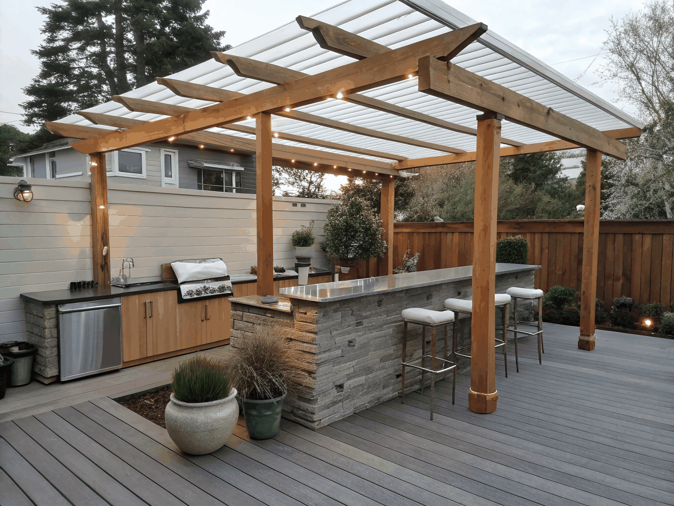 Multi-level outdoor composite deck with contemporary pergola, dark railings, and integrated dining area