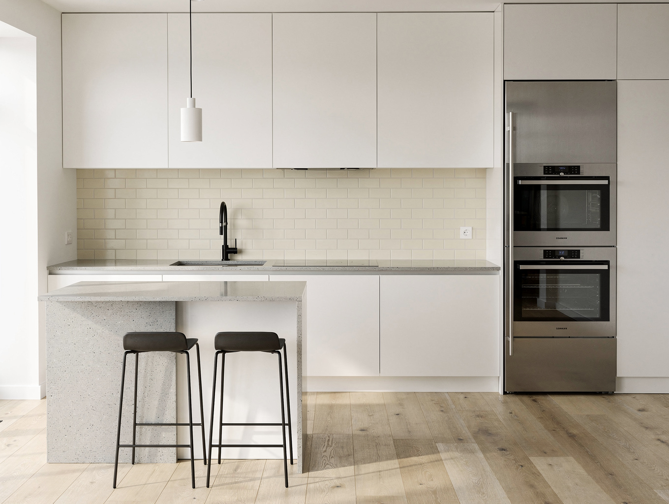 Sunlit minimalist kitchen in Old Concord Smyrna featuring slim shaker joinery, continuous quartz slab backsplash, and center island
