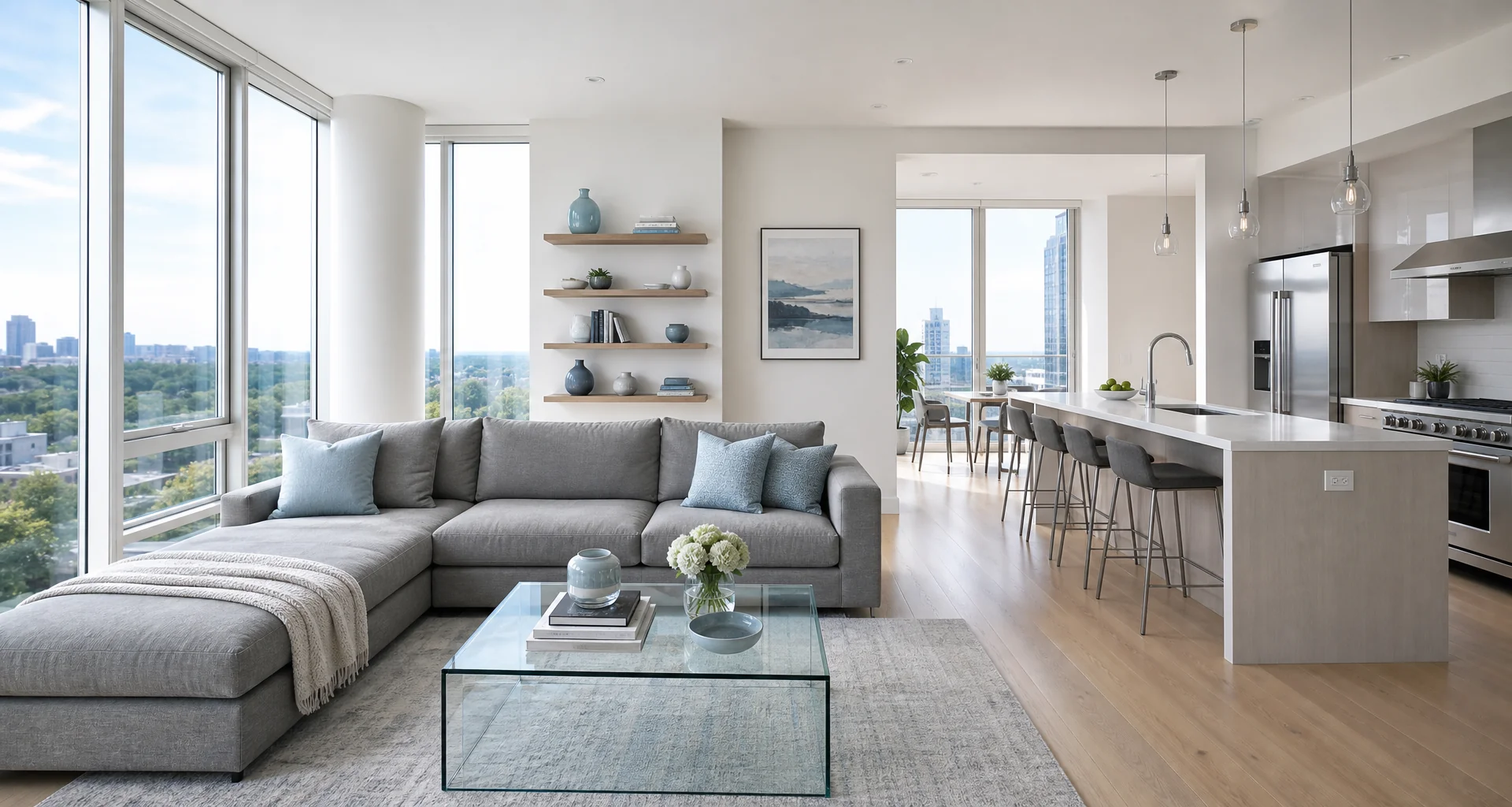 Renovated open-concept residential living space with modern hardwood flooring and natural architectural daylight