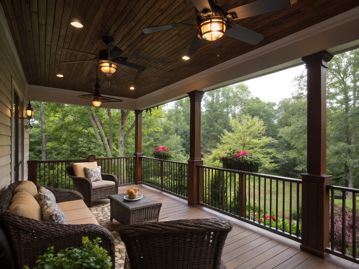 Screened porch addition with warm hardwood flooring, tongue-and-groove cedar ceiling, and motorized retractable screens