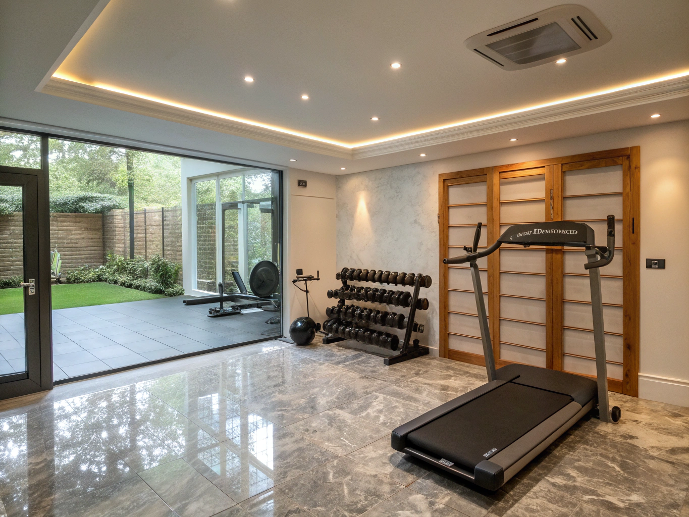 Home athletic studio with custom mirrored wall, rubber flooring, and adjacent cedar dry sauna