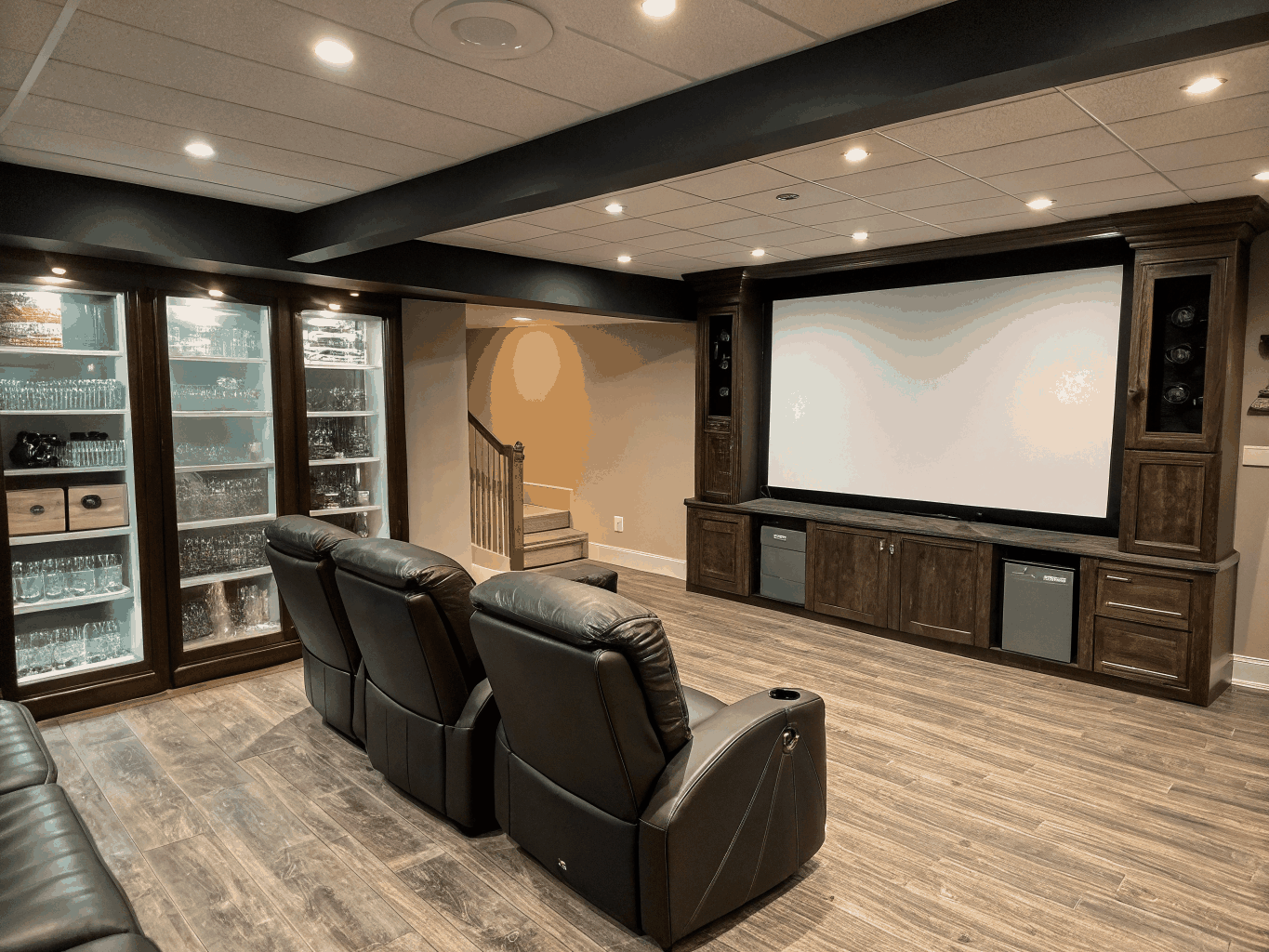 Custom home theater with built-in white oak wet bar and modern acoustic wall panels in finished basement