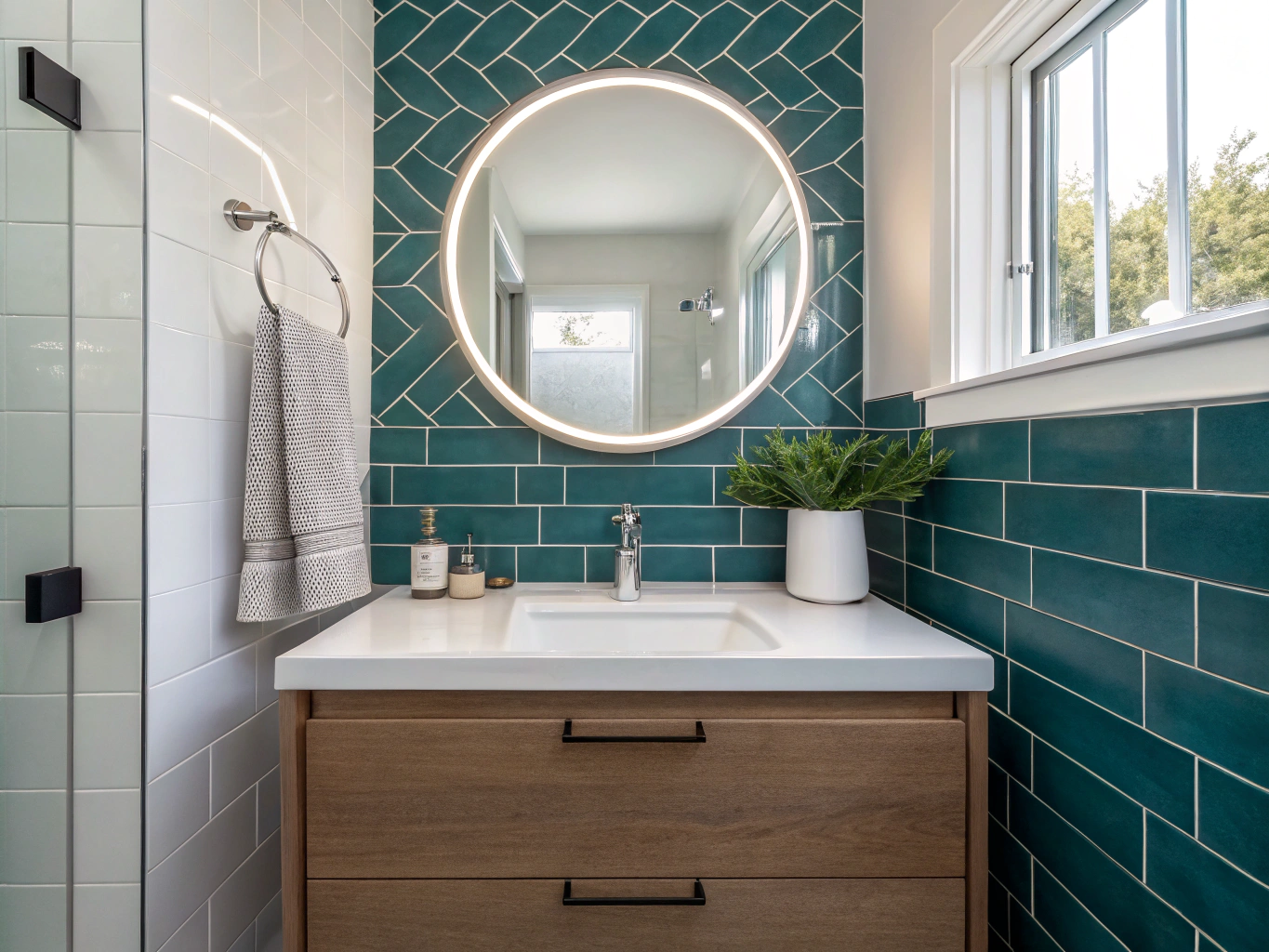 Statement powder room renovation with botanical wall covering, floating stone console sink, antique bronze fixtures, and warm backlit mirror
