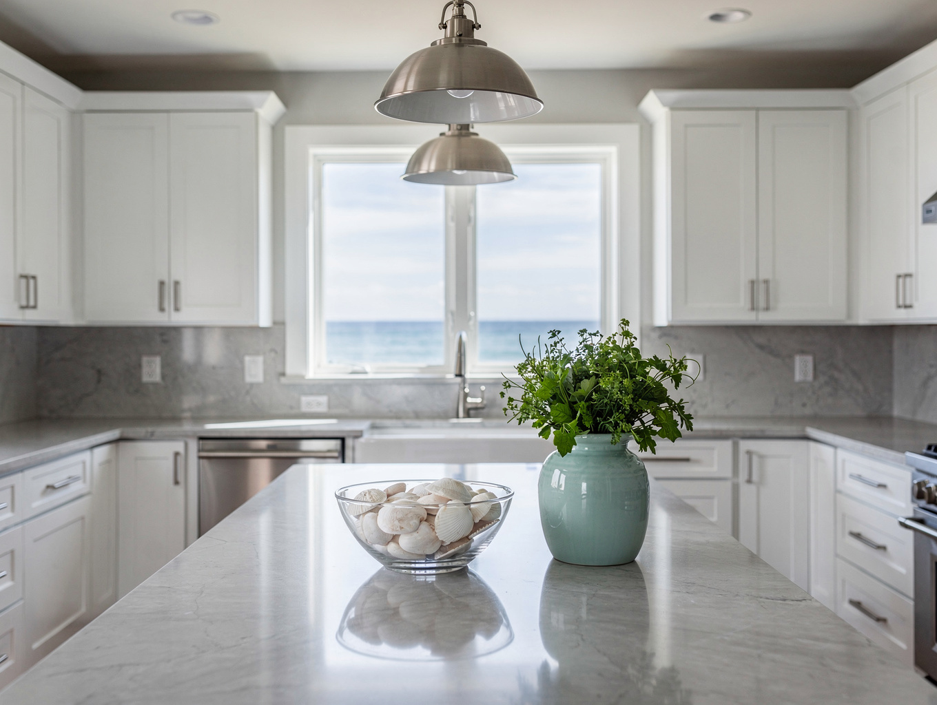 Renovated Smyrna kitchen featuring custom inset cabinetry, quartz waterfall island, and warm under-cabinet lighting