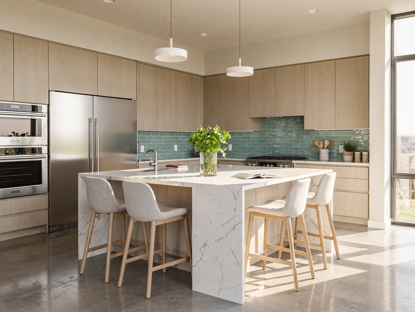 Open concept entertainer kitchen renovation with double waterfall islands, custom charcoal cabinetry, dry bar area, and wide hardwood flooring