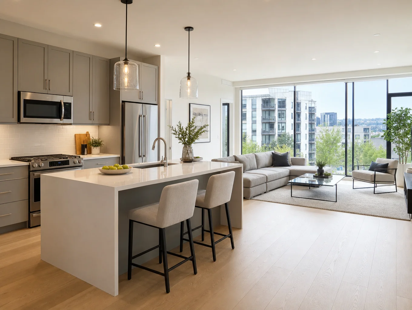 Open-concept living room and kitchen remodel in a Smyrna ranch home featuring natural white oak cabinetry, quartz island, and engineered hardwood flooring