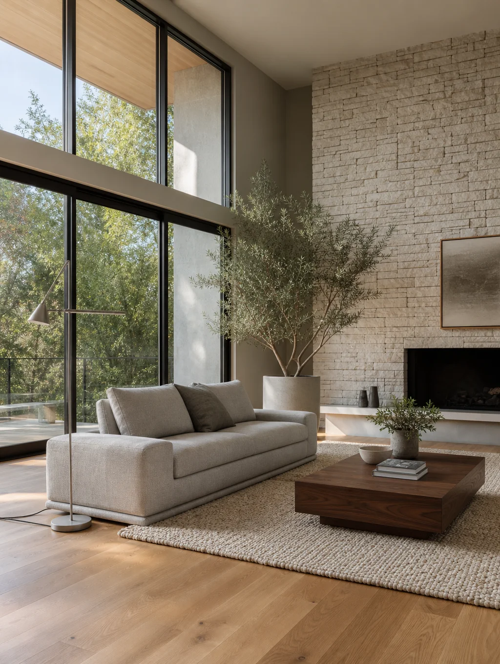 Renovated open-concept living room with wide plank hardwood flooring, bespoke architectural millwork, and bright natural daylight
