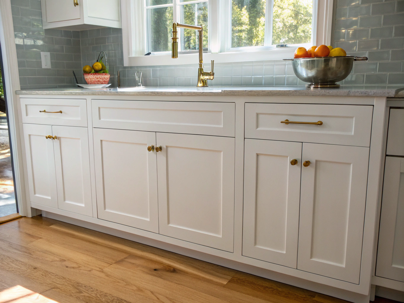Modern southern transitional kitchen with warm natural oak cabinetry, creamy quartzite island countertop, and brushed brass fixtures in bright daylight