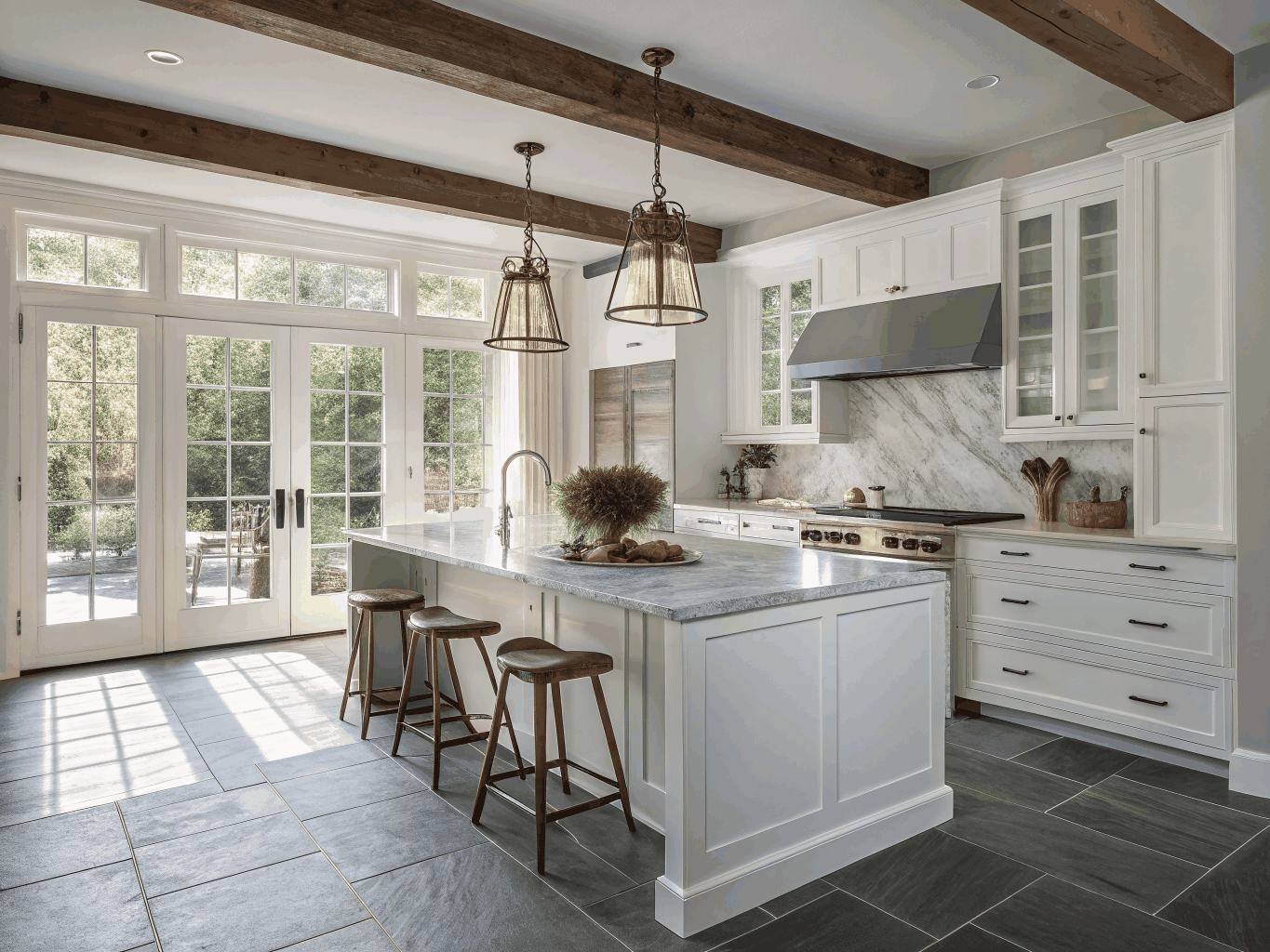 Bright open-concept kitchen in Vinings Crest with custom oak shaker cabinetry, Calacatta quartz waterfall island, and warm daylight