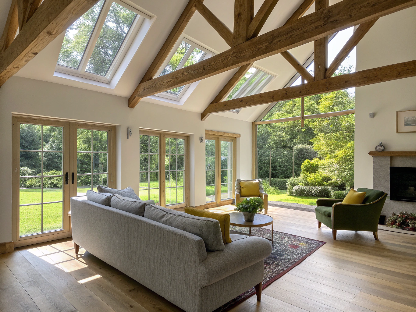 Vaulted ceiling great room renovation with exposed architectural wood beams, custom white built-in bookcases, and black-framed windows