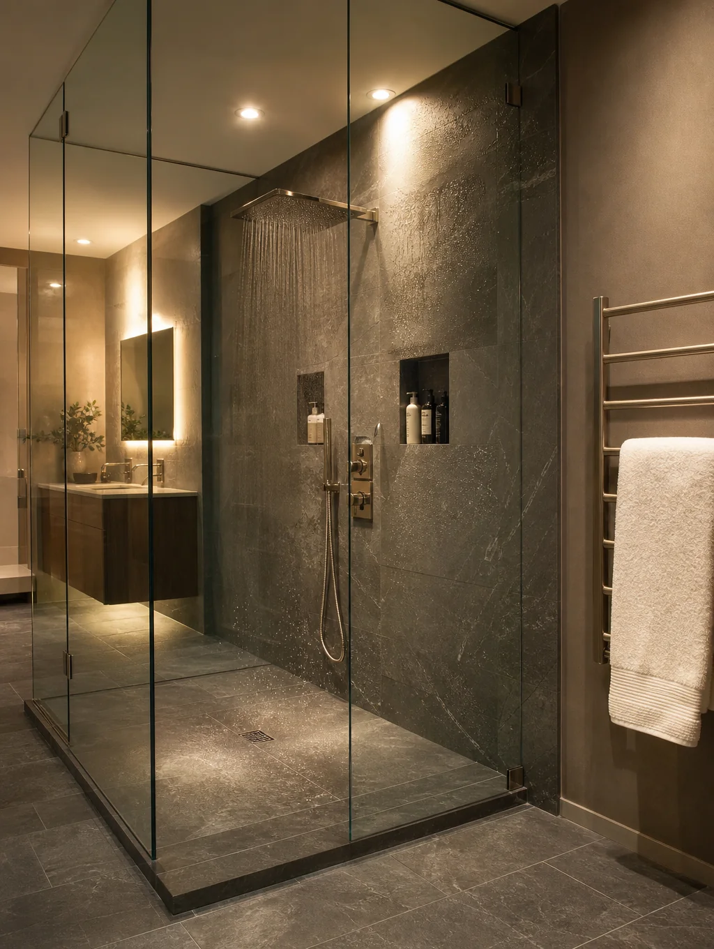 Walk-in tiled shower with frameless glass enclosure, artisan wall tile, brass hardware, and natural daylight