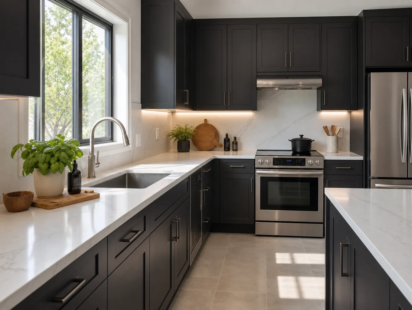 Transitional kitchen renovation in Williams Park featuring deep charcoal shaker cabinets, luminous white quartz countertops, and brass pulls